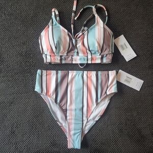 Hurley 2pc striped bikini, high-waisted  moderate coverage size small